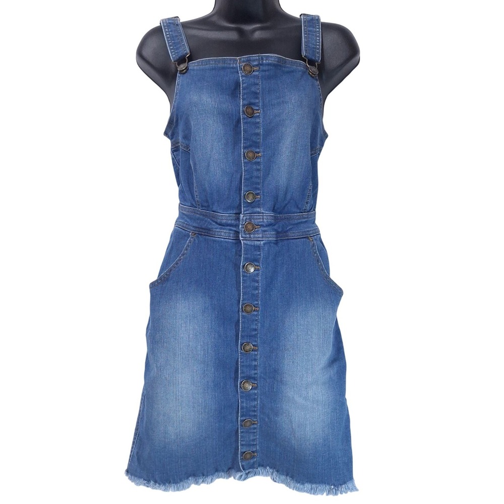 Wax Jean Button Front‎ Denim Overall Mini Dress M Wash Blue Pinafore Raw Hem Y2K
